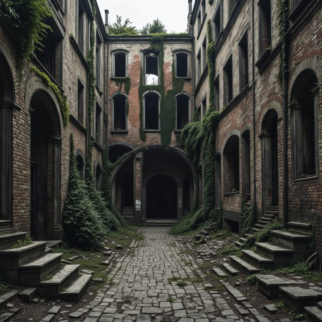 <lora:Abandoned Places:0.8> Detailed modernist painting <lora:Flux Alien biopunk:1.3> outside of the ruins of an abandoned building in Europ...