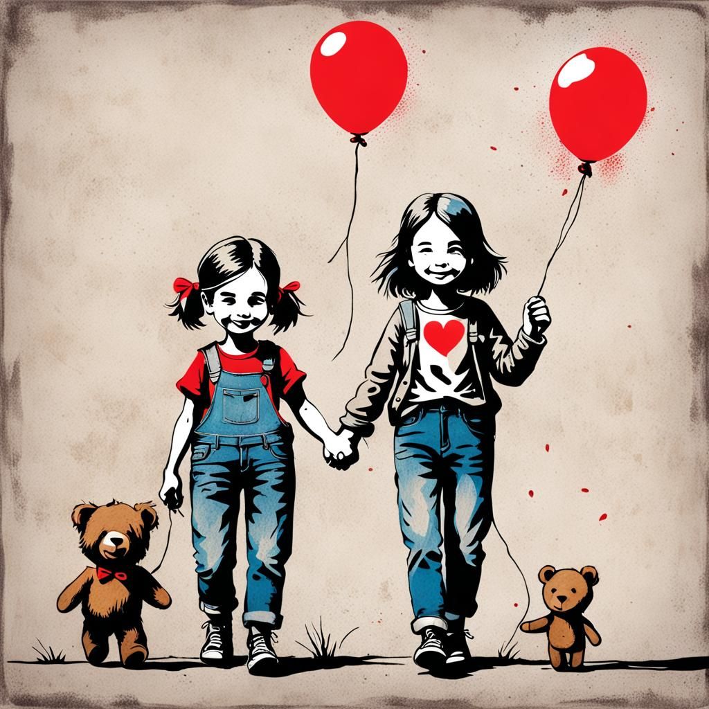 In banksy art style,A whimsical drawing of a boy and girl ho...