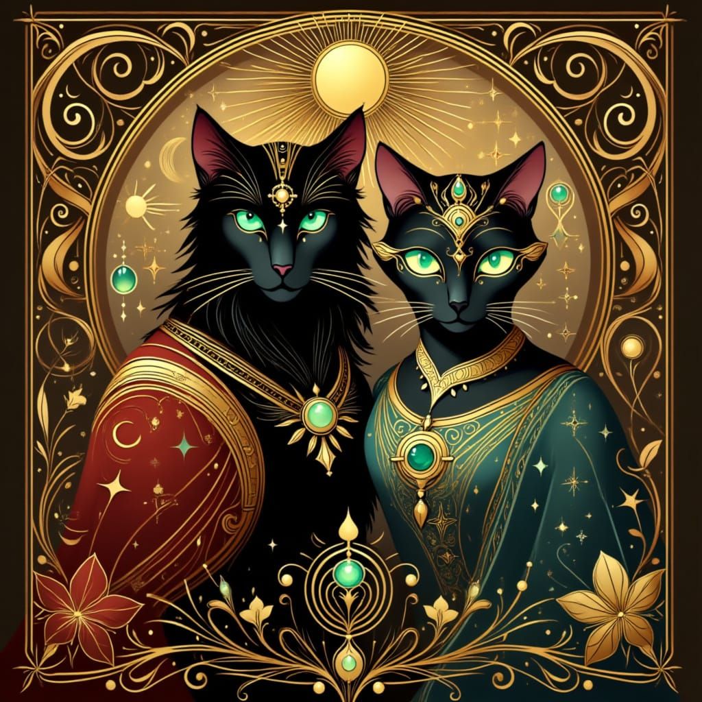 Sir Leo du Croissant-Lune and the Lady Agatha Heterodyne : <lora:Cat portrait:1.0> In an elegant drawing room, two black cats with yellow eyes; one male, dressed in royal robes,  crowned, with a sabe...