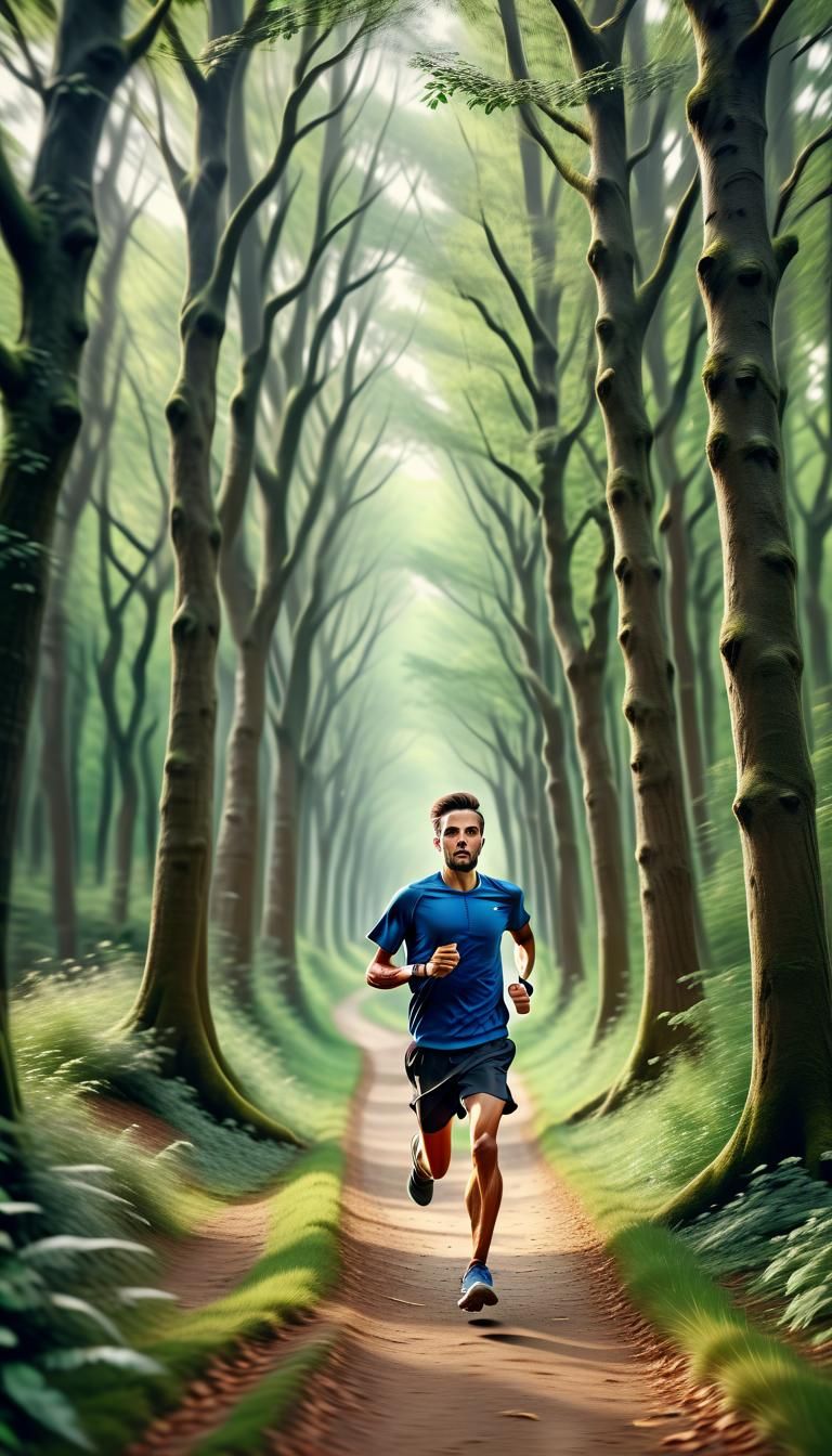 Aclose up of A realistic jogger running towards viewer on a wooded path of 🌳 ,fast motion action blur, tilt-shift intri...