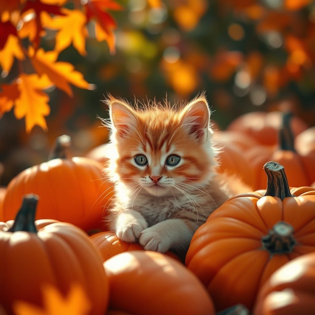 A photorealistic kitten lying amongst the pumpkins in a pumpkin patch on a sunny autumn day. There are ...  by @Dee