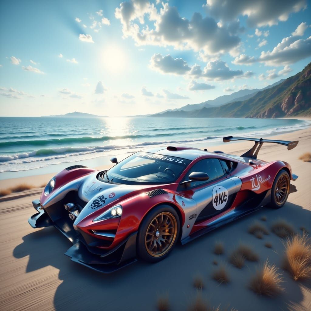 Nice race car parked at a beautiful beach location <lora:Thayosin:1.0>