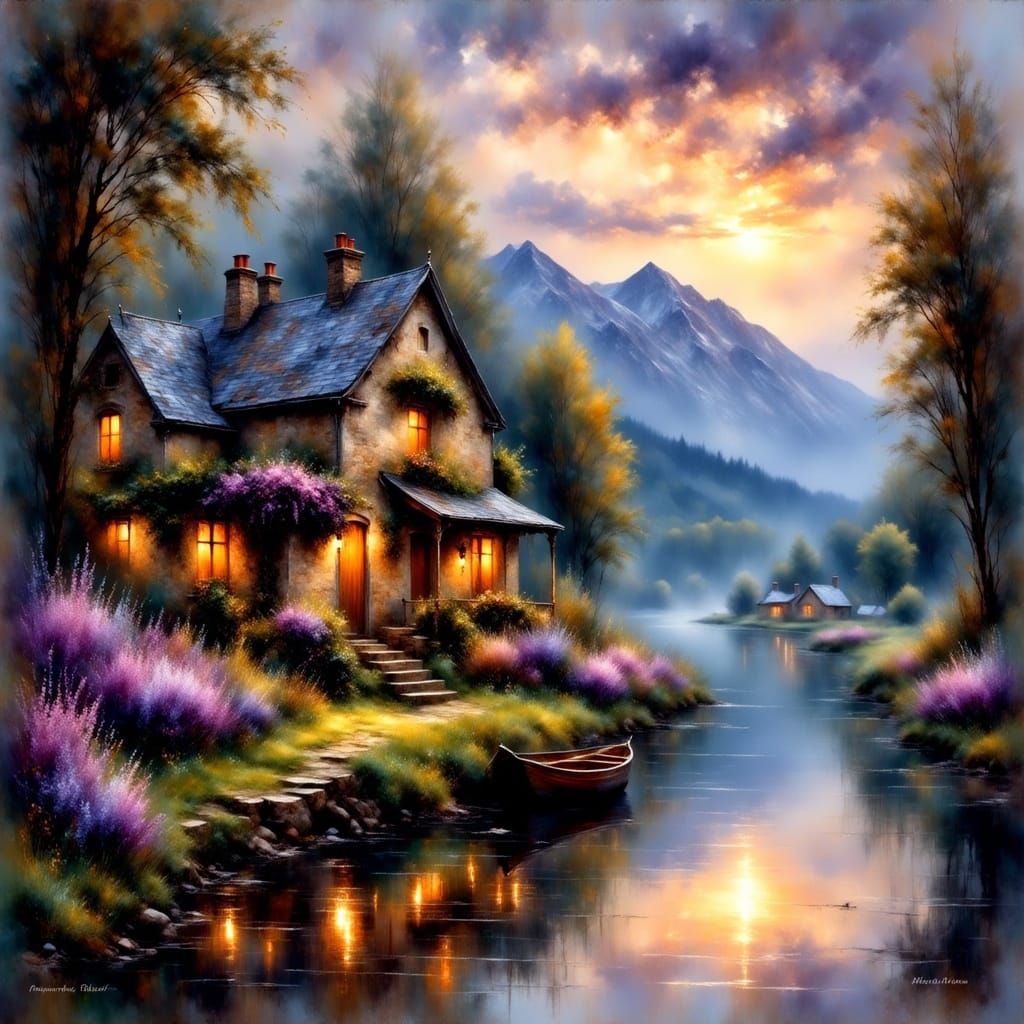 Magical Twilight Cottage by Tranquil Lake