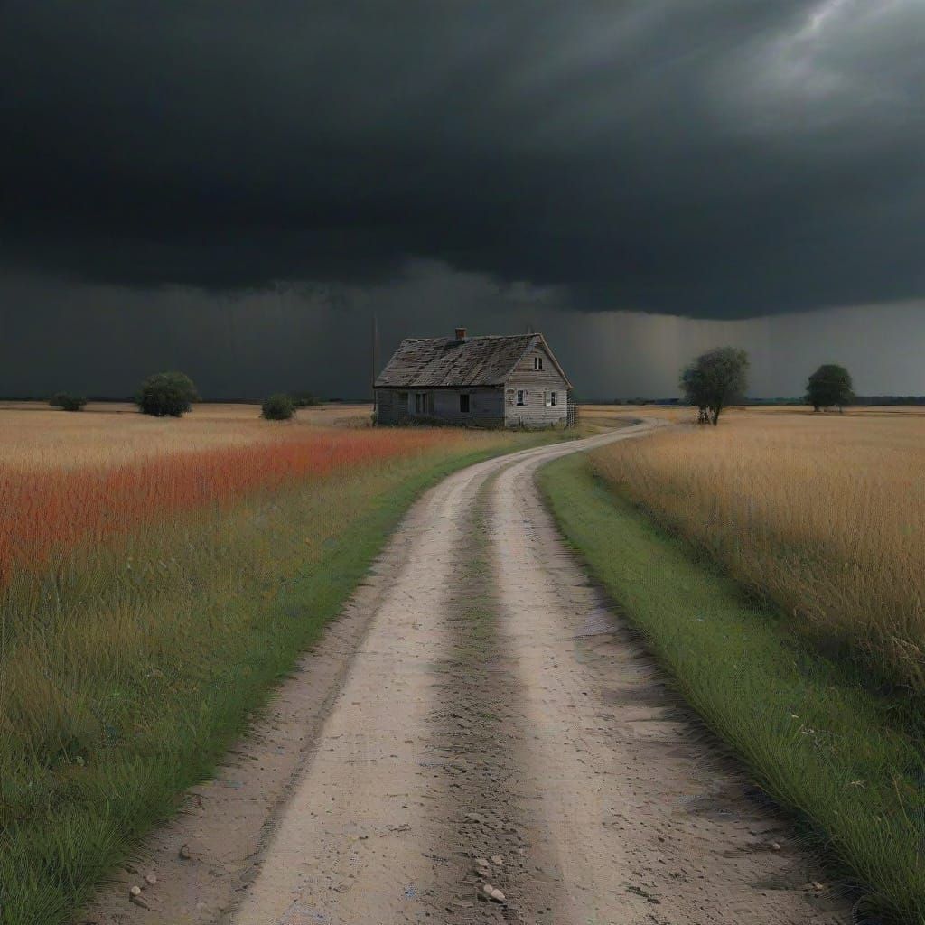 Create a scene of a completely deserted village, after a night when all life has disappeared. All the houses are broken, the ground is scorc...