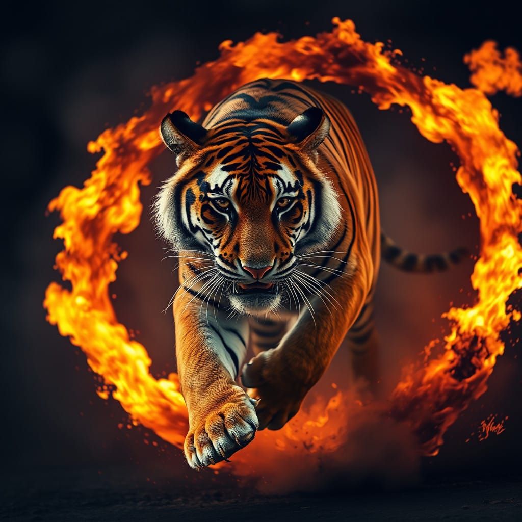 Bengal tiger trough a ring of fire. intricate details, HDR, beautifully shot, hyperrealistic, sharp focus, ...  by @Wesly 