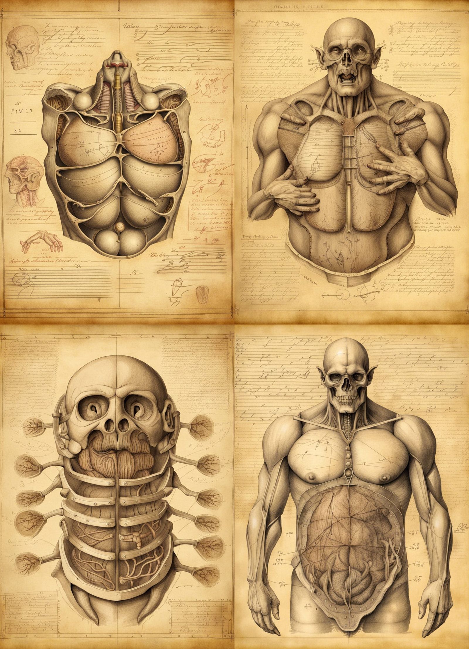 A hand drawn detailed anatomical scientific depiction of a vivisected