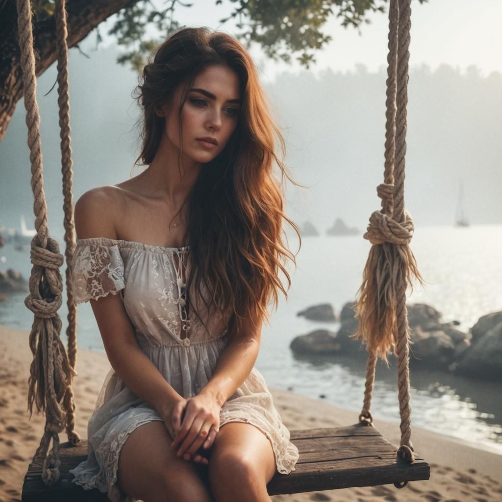 A young, beautiful woman with long hair in a short summer dress sits on rope swings hanging from a tree by the seaside, on a foggy summer mo...