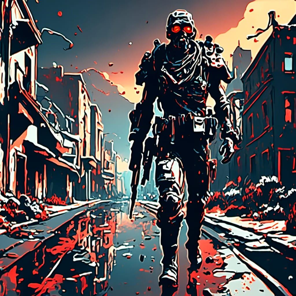 <lora:Eclipse:1.0> A futuristic soldier walks through a post-apocalyptic townscape. His uniform is torn and dirty under an empty, fiery, ali...