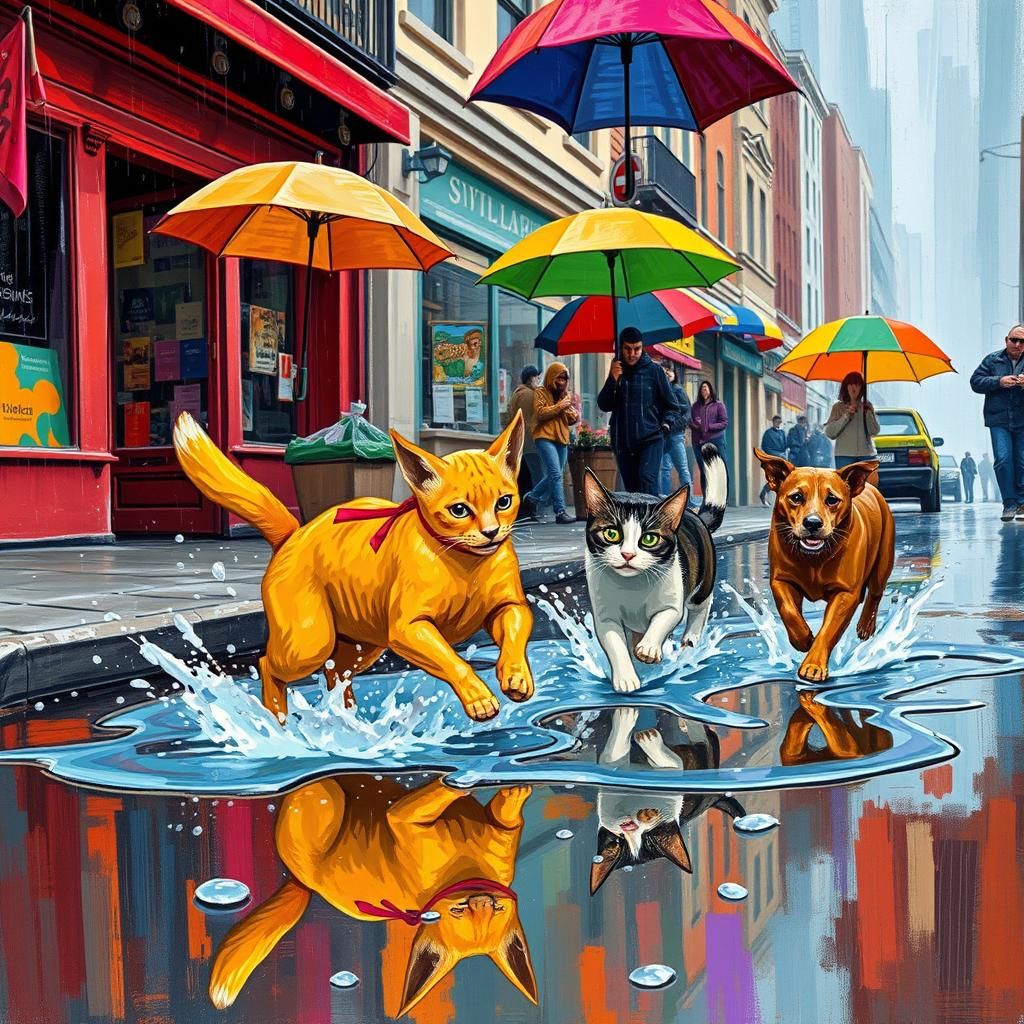 Cats and Dogs Street Art in Rainy City