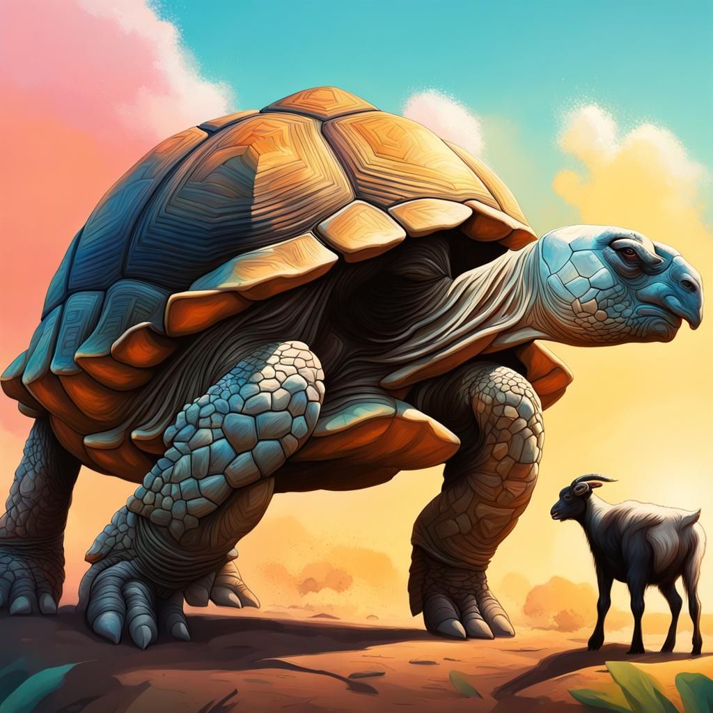 Giant Tortoise And A Goat