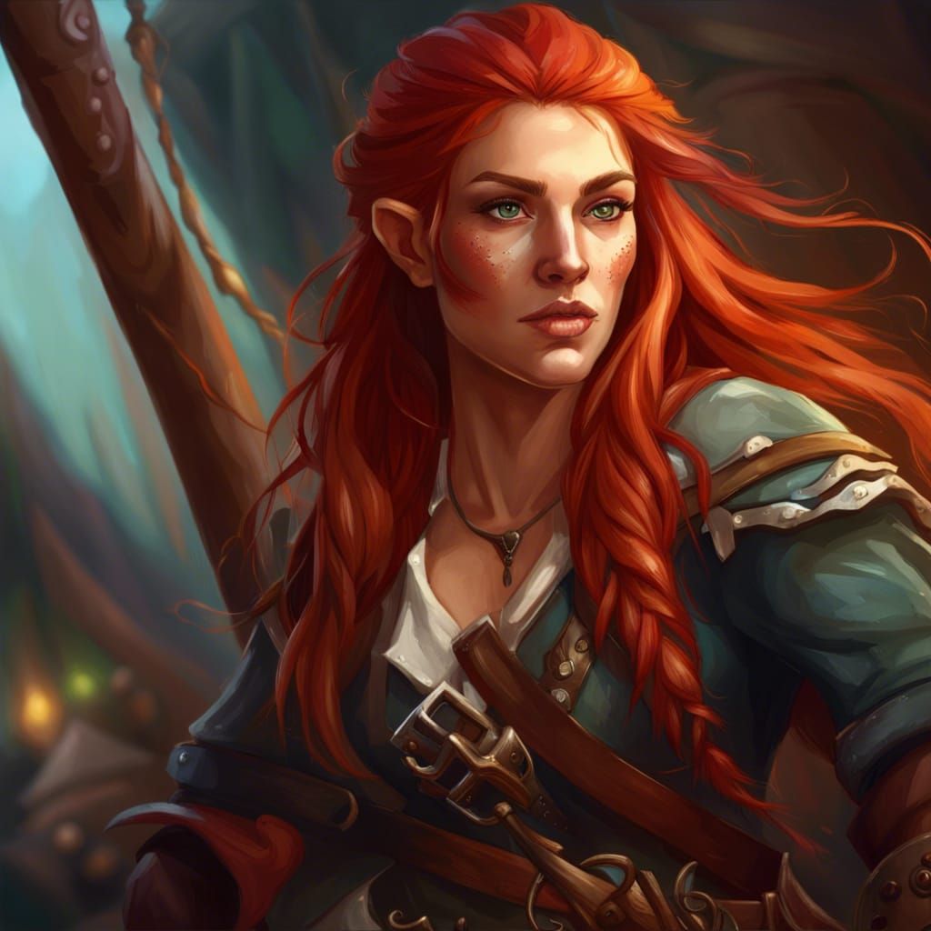 Pretty ,female , half elf, long red haired, pirate, Druid , dungeons ...