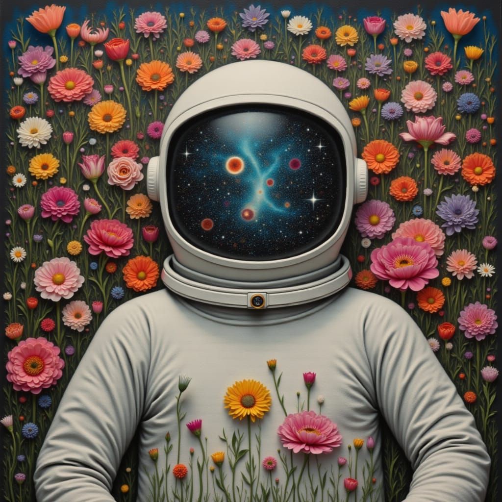 <lora:eyeseesurreal:1.0> An astronaut lying in a garden of flowers. The universe is reflected in the visor. Surrealist painting