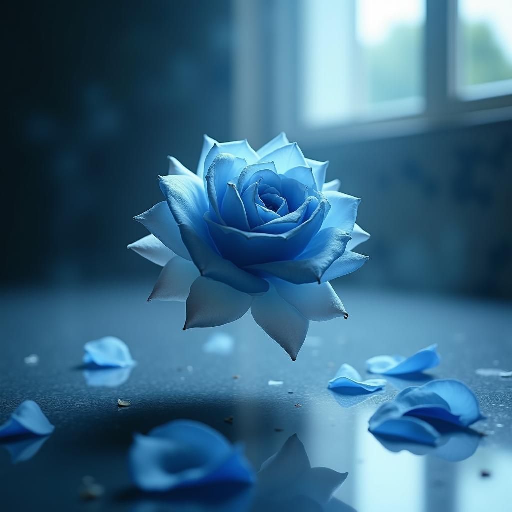photoreal+, photorealistic+, (large blue and white rose falling)++ on the table, 1flower, solo, flower petals scattered around, (macro photo...