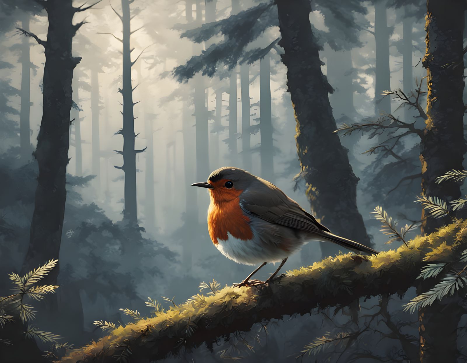 Whimsical Forest Robin in Deep Color