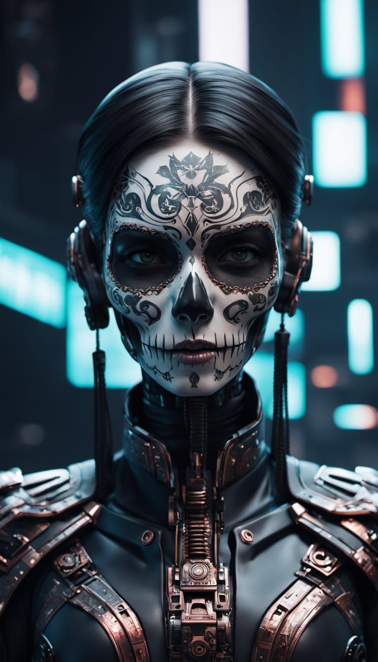 La Catrina's Gilded Skull in Futuristic Bone Mask