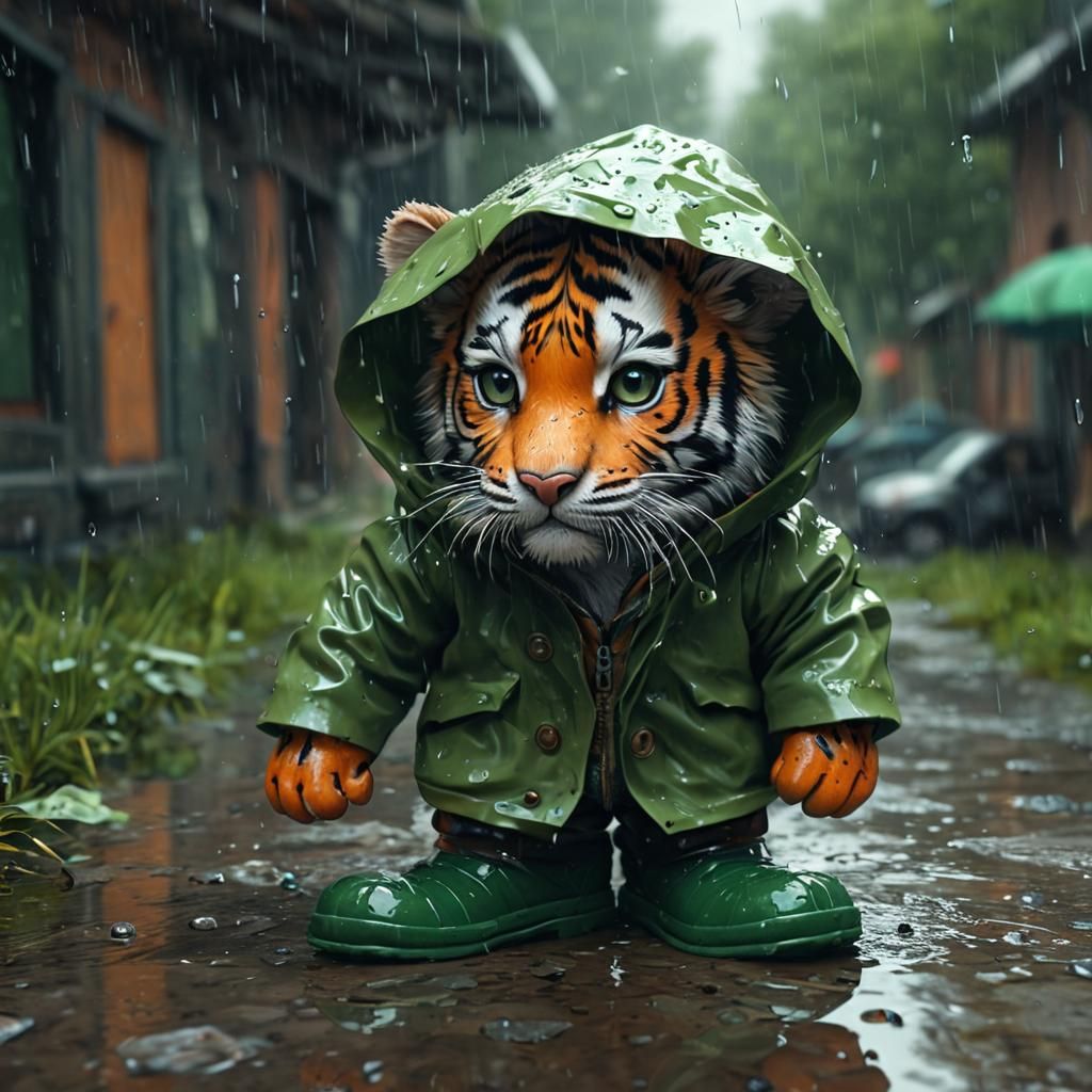 cute tiny tiger wearing a rain coat and green rubber boots ;...