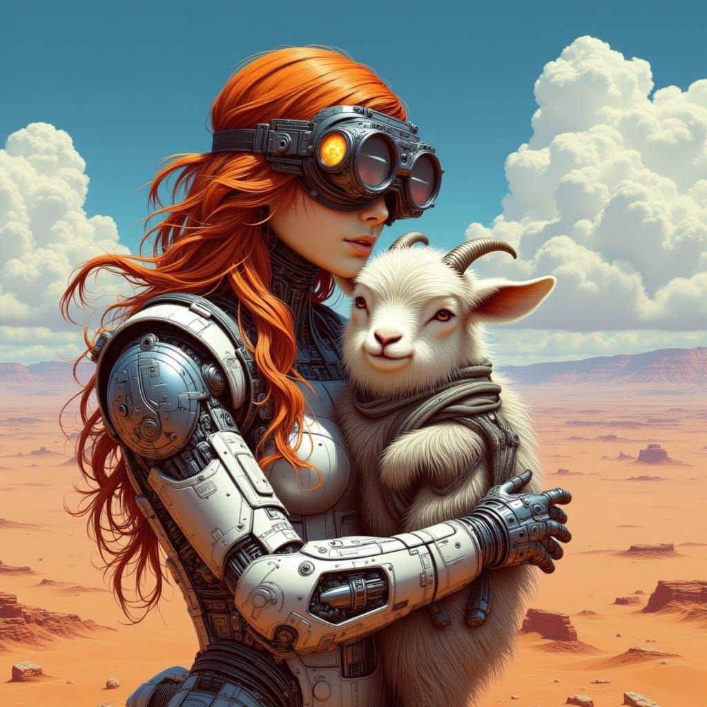 <lora:Studio Bebop:1.0> Prompt: Female Riddick goggles cute baby long haired baby goat close up face made into a part metal animal. Female l...