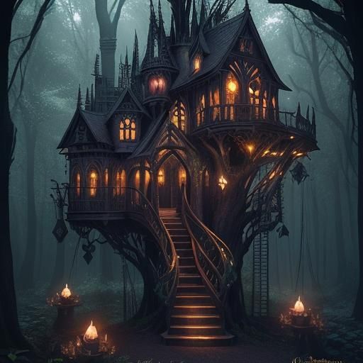 Whimsical black Gothic treehouse with Ladder to Climb up the tree house ...