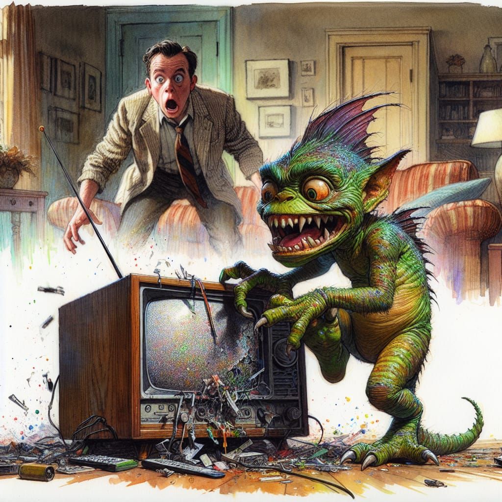 A gremlin  destroying a tv, horrified owner watches