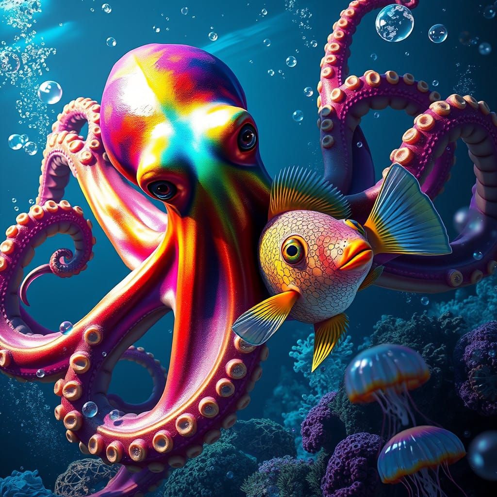 An octopus with rainbow colours that has a face that looks like Kanye West grabbing a beautiful fish that Kim kardashian face swimming in an...