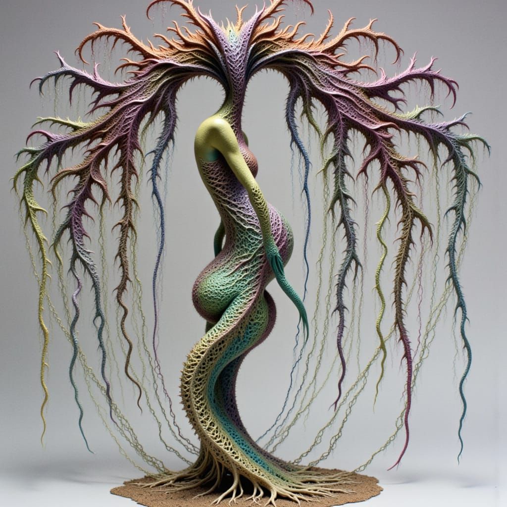 <lora:Complexity Wash:1.0> TENDRIL GODDESS: CREATE EXTREMELY DIVERGENT UNIQUE 3D ART SCULPTURES WITH EVERY GENERATION; RAKU MASTERPIECES OF ...