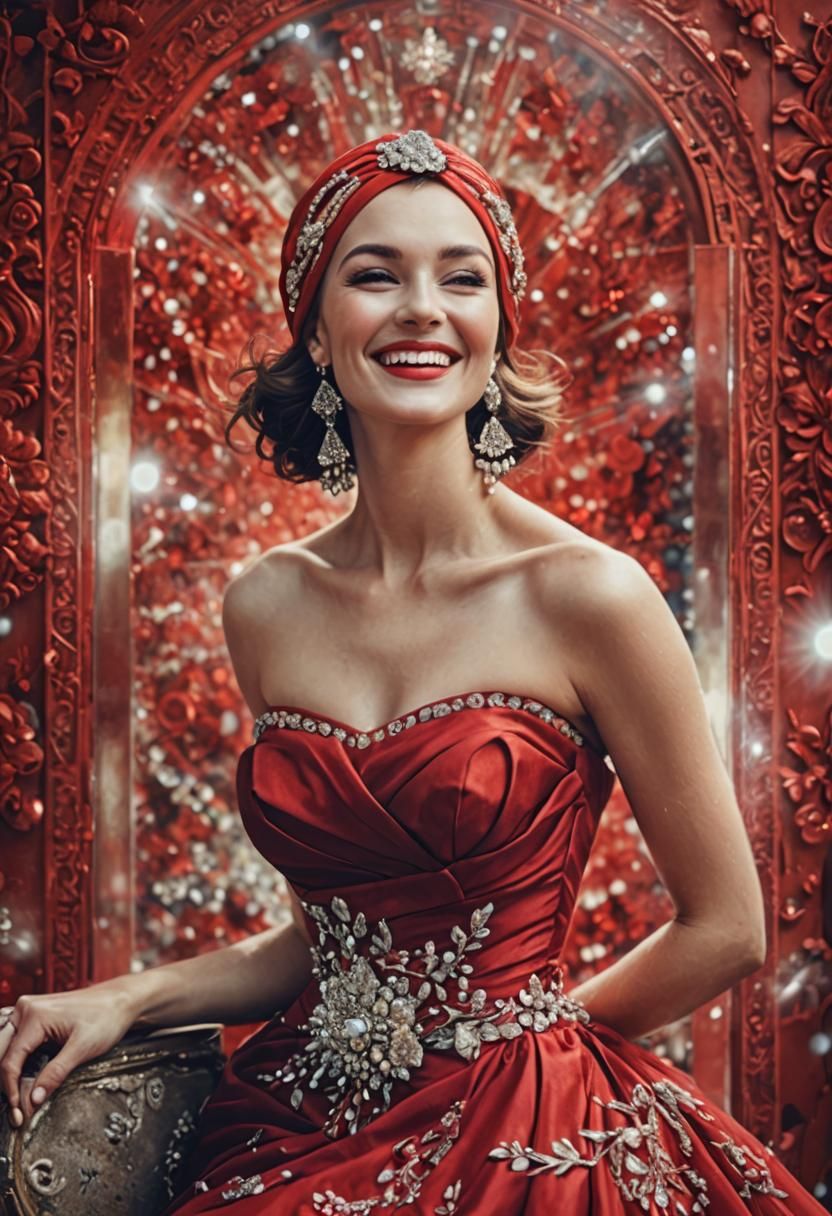 A (((vividly smiling woman))) dressed in a luxurious (((stra...