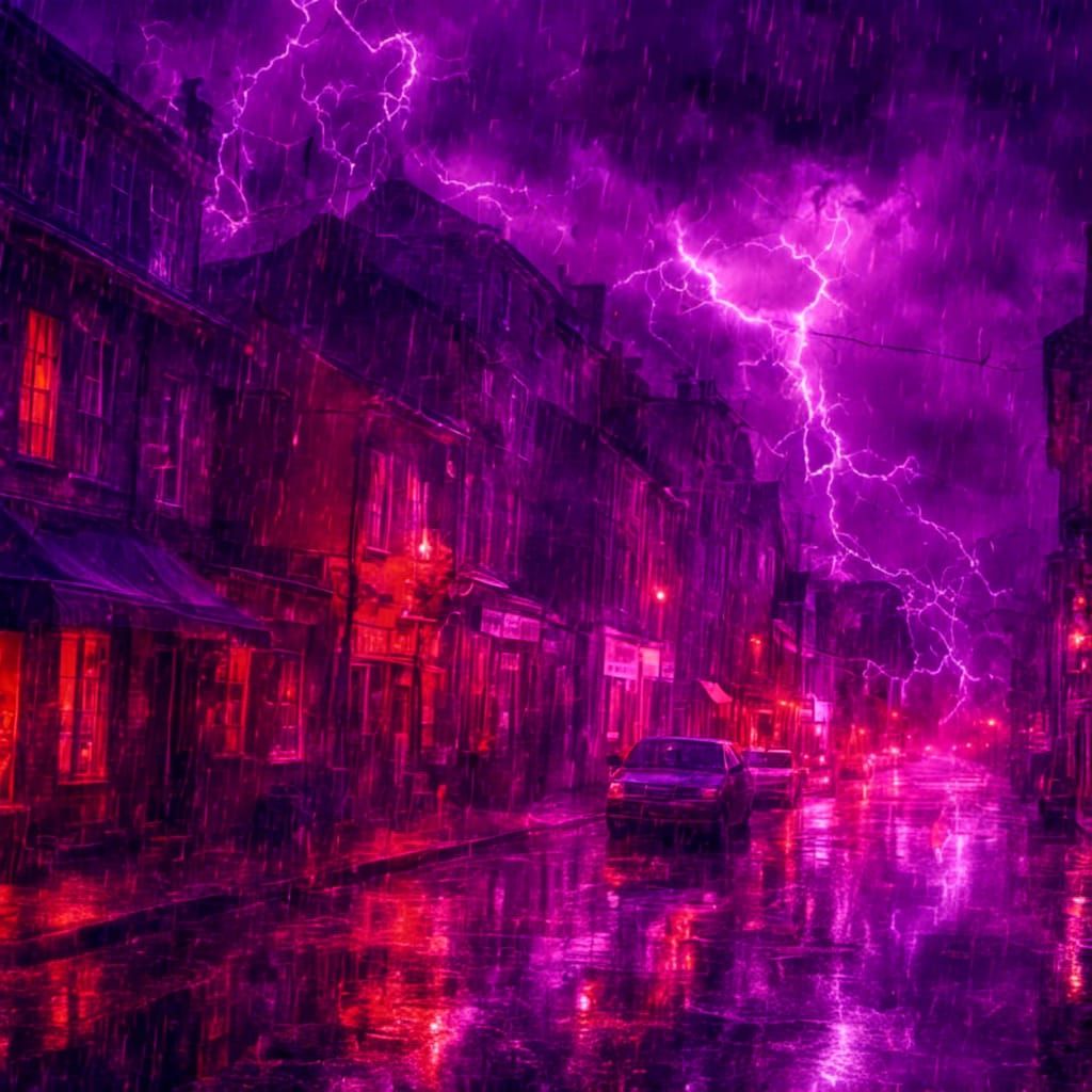 purple rain falling on a town, red lighting, stormy night <l...