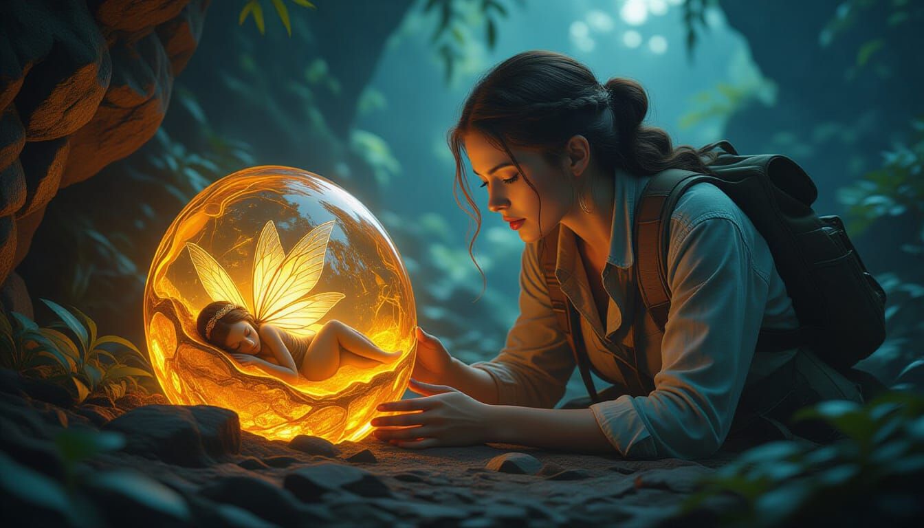 a young archeologist discovering a fairy encased in amber