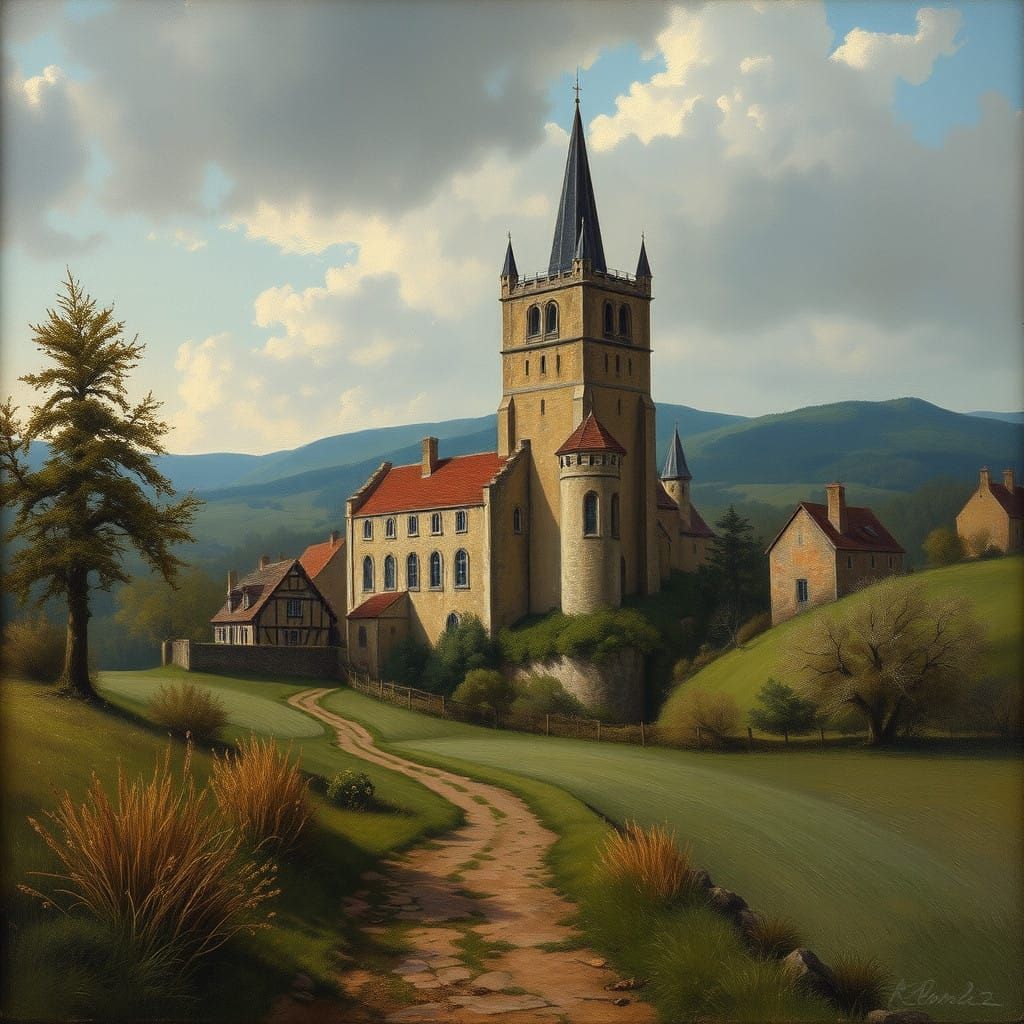 Boy with Lovable Yorkshire Terrier in Whimsical Pastoral Sty...