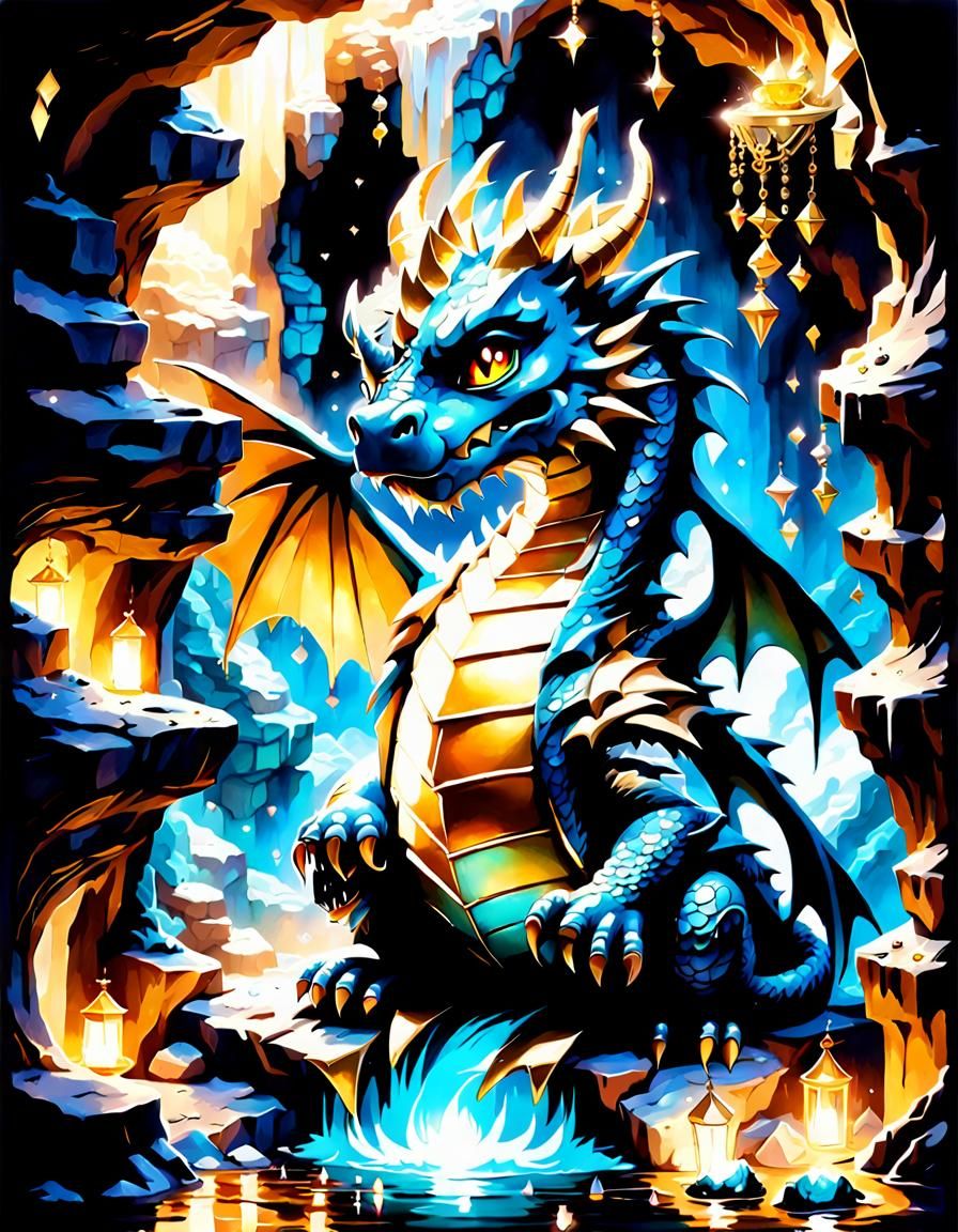 Chibi dragon sitting inside a beautiful cave overflowing wit...