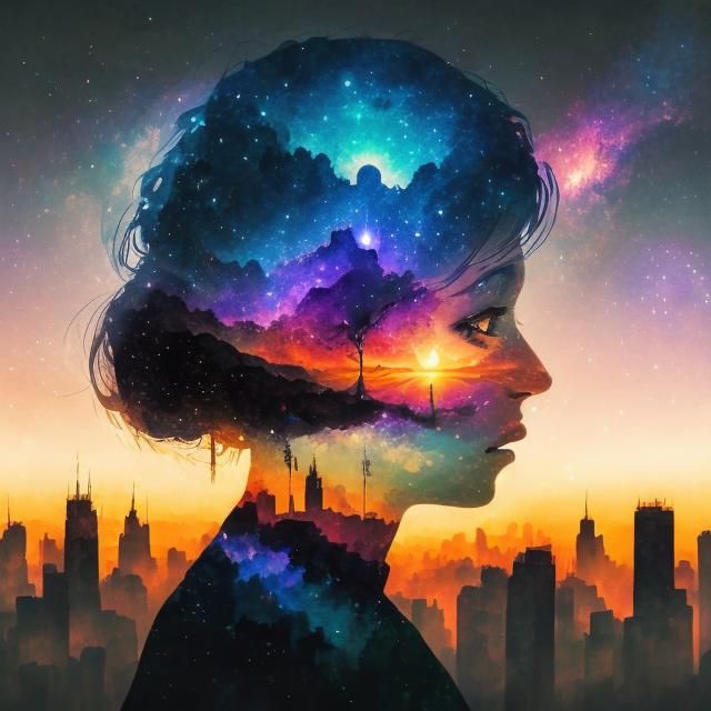 <lora:DUBLEX vDS8:1.0> Double exposure fairy+galaxy+city sunset double exposure, splatter effect galaxy skyline, insane detail 