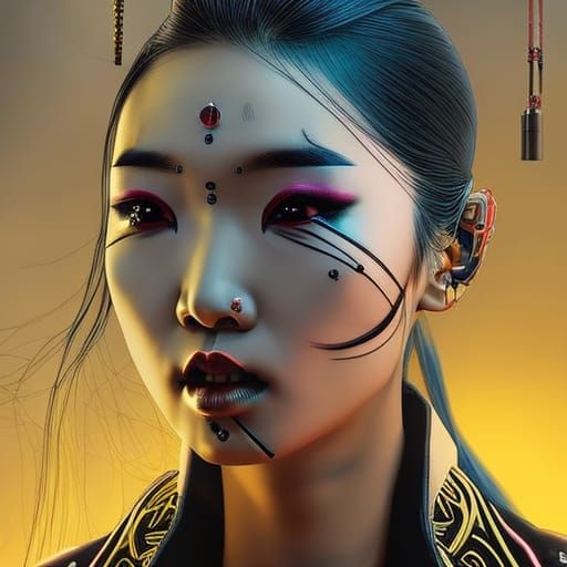 Cyberpunk Korean woman in her early 20s, korean face tattoos...