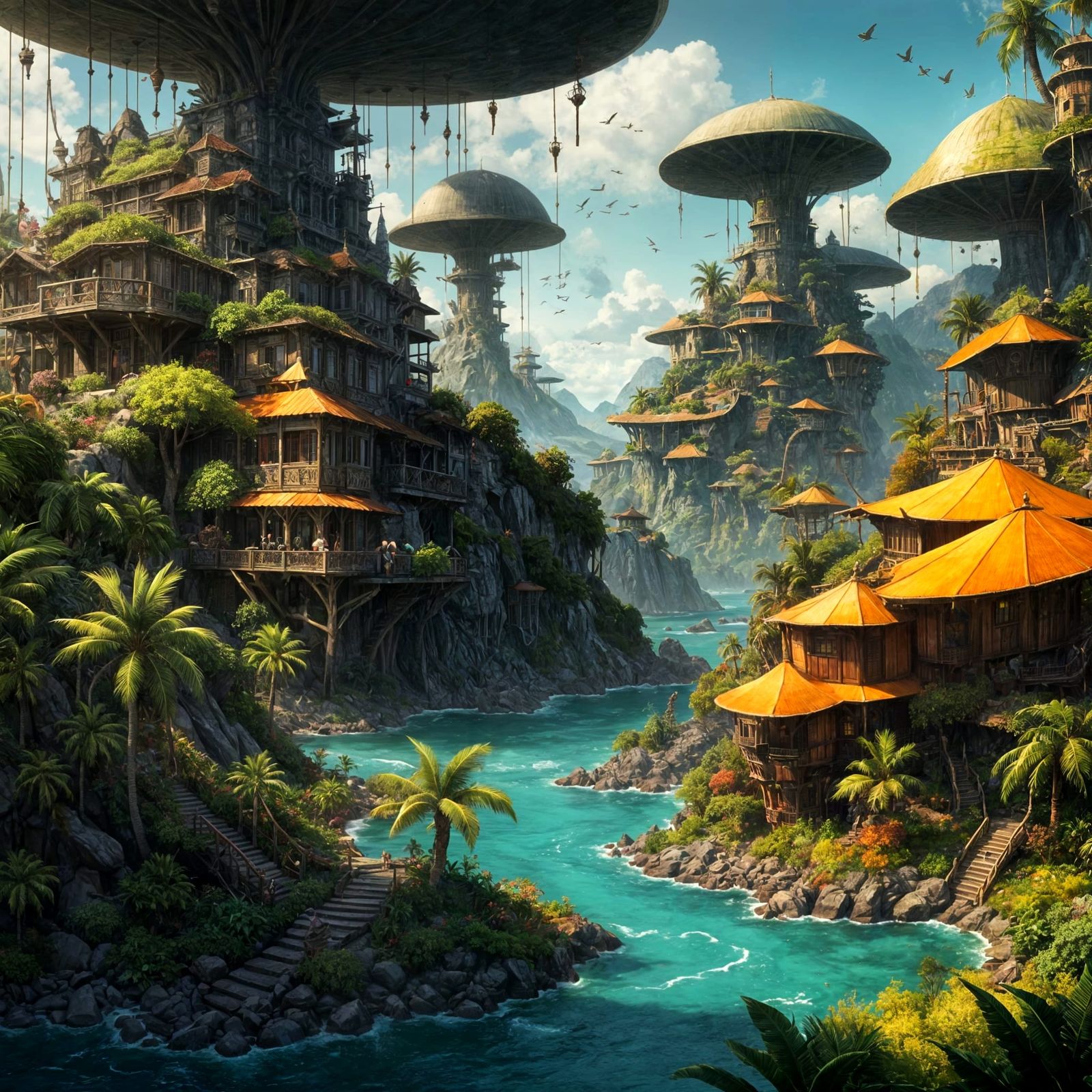 Vibrant Island Paradise Built from Fruit in Fantasy Art Styl...