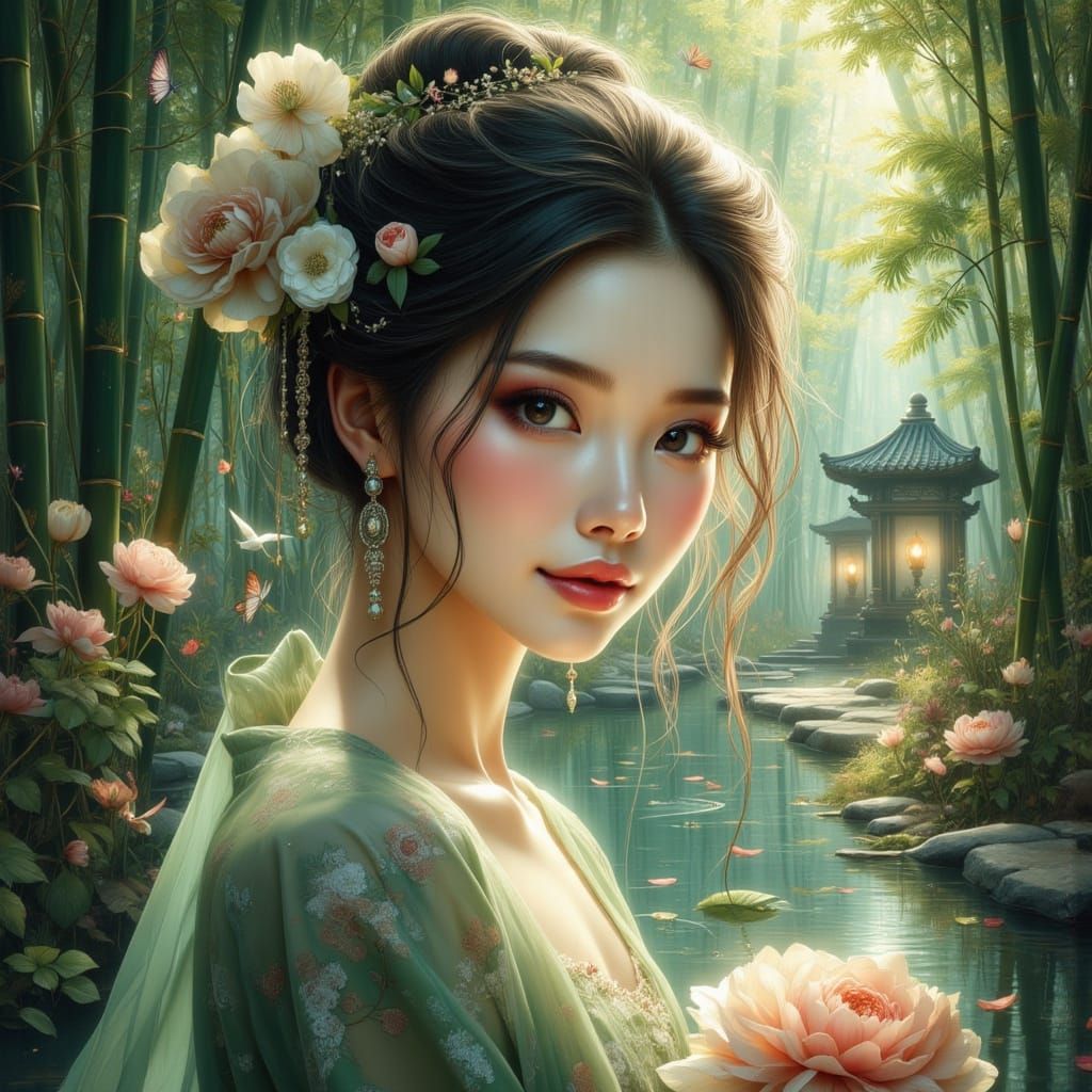 Elegant Han Dynasty Lady in Serene Bamboo Grove