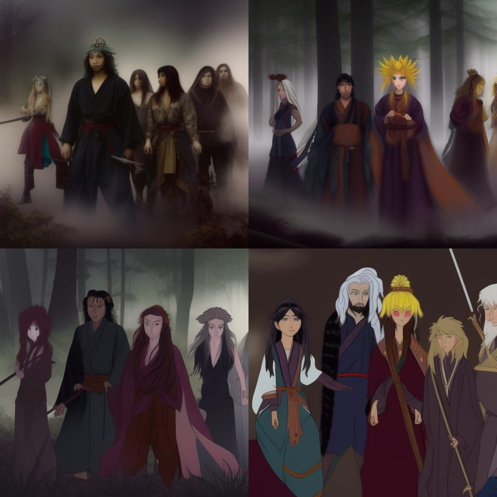 There is a team of seven people in a foggy and cloudy forest...