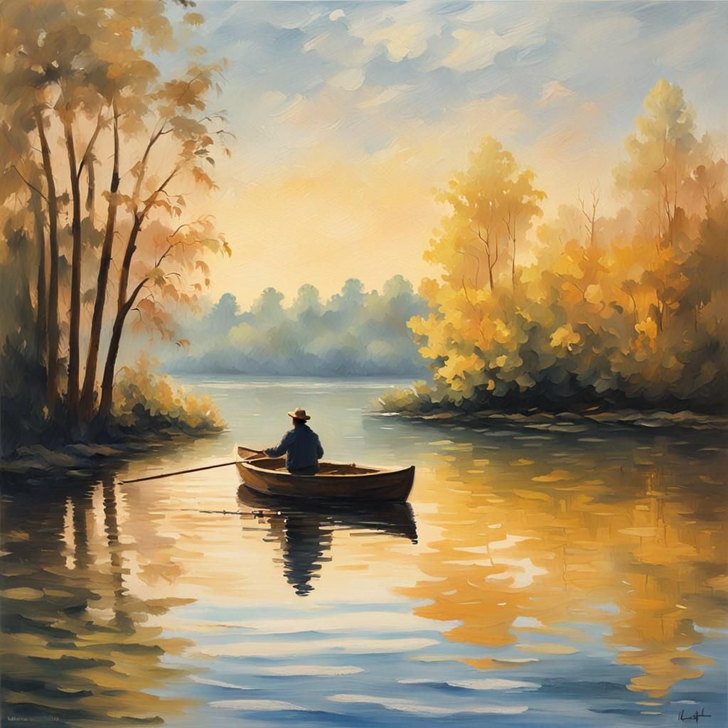 A serene lakeside scene during twilight, with a lone figure ...