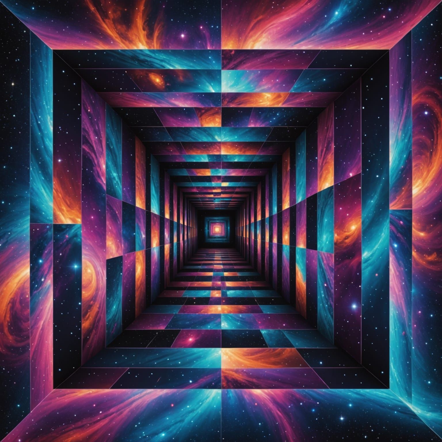 Surreal, square inside a square to infinity, psychedelic coloured, infinity square in front of the galaxy. 8k-resolution