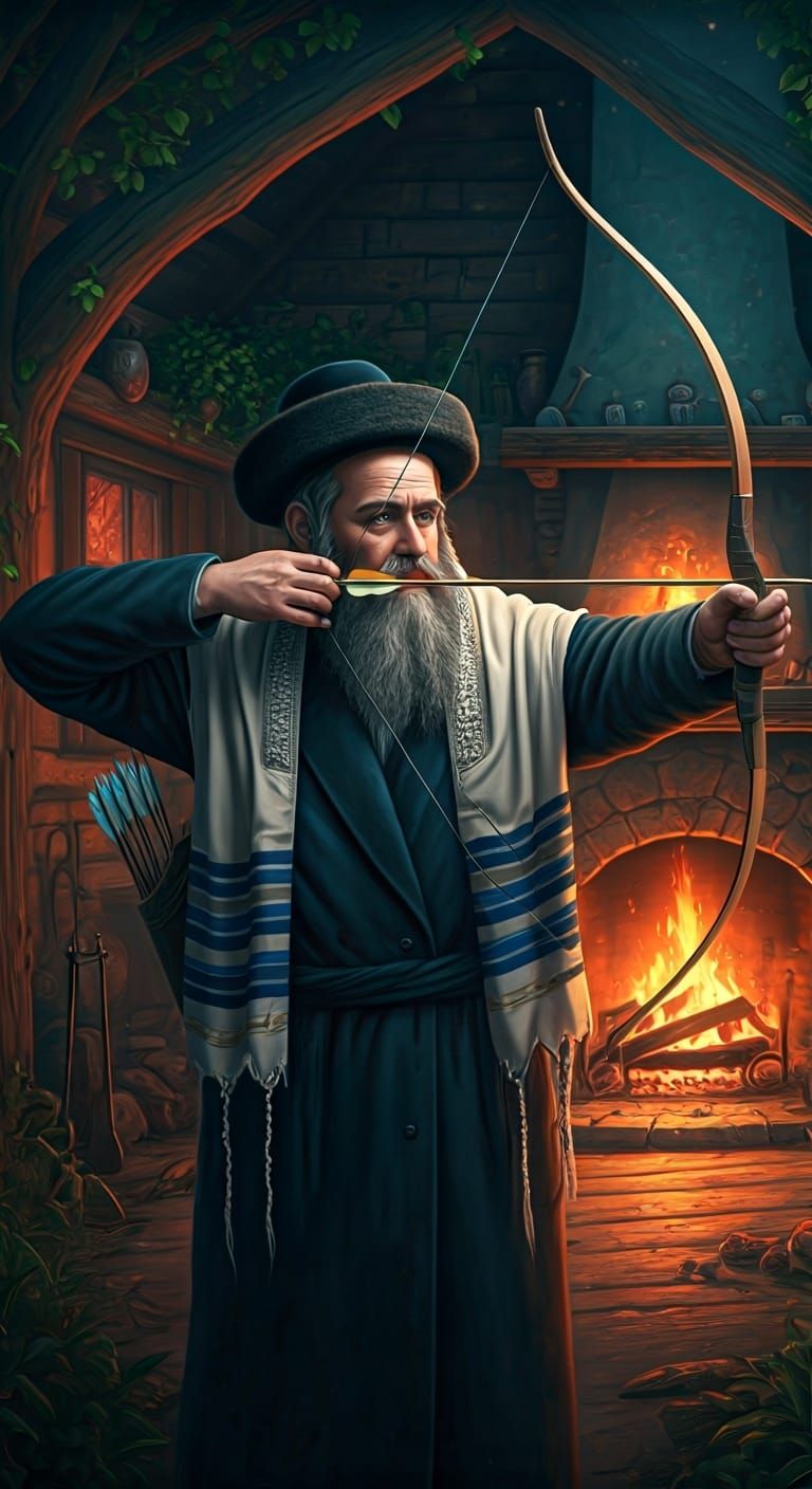 Orthodox Jewish Man Shoots Arrow in Dreamlike Landscape