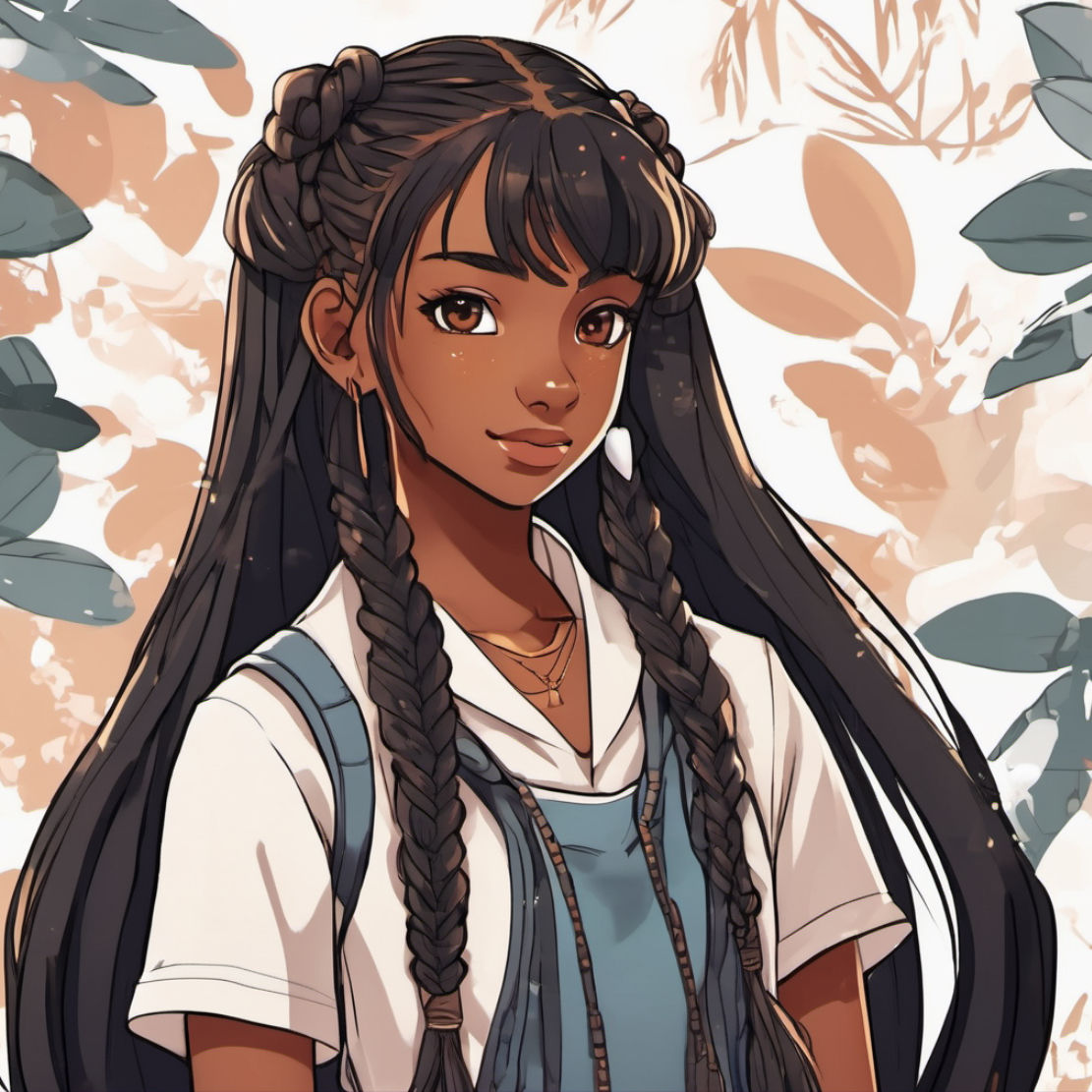 Anime teen girl, long dark brown hair, floral background