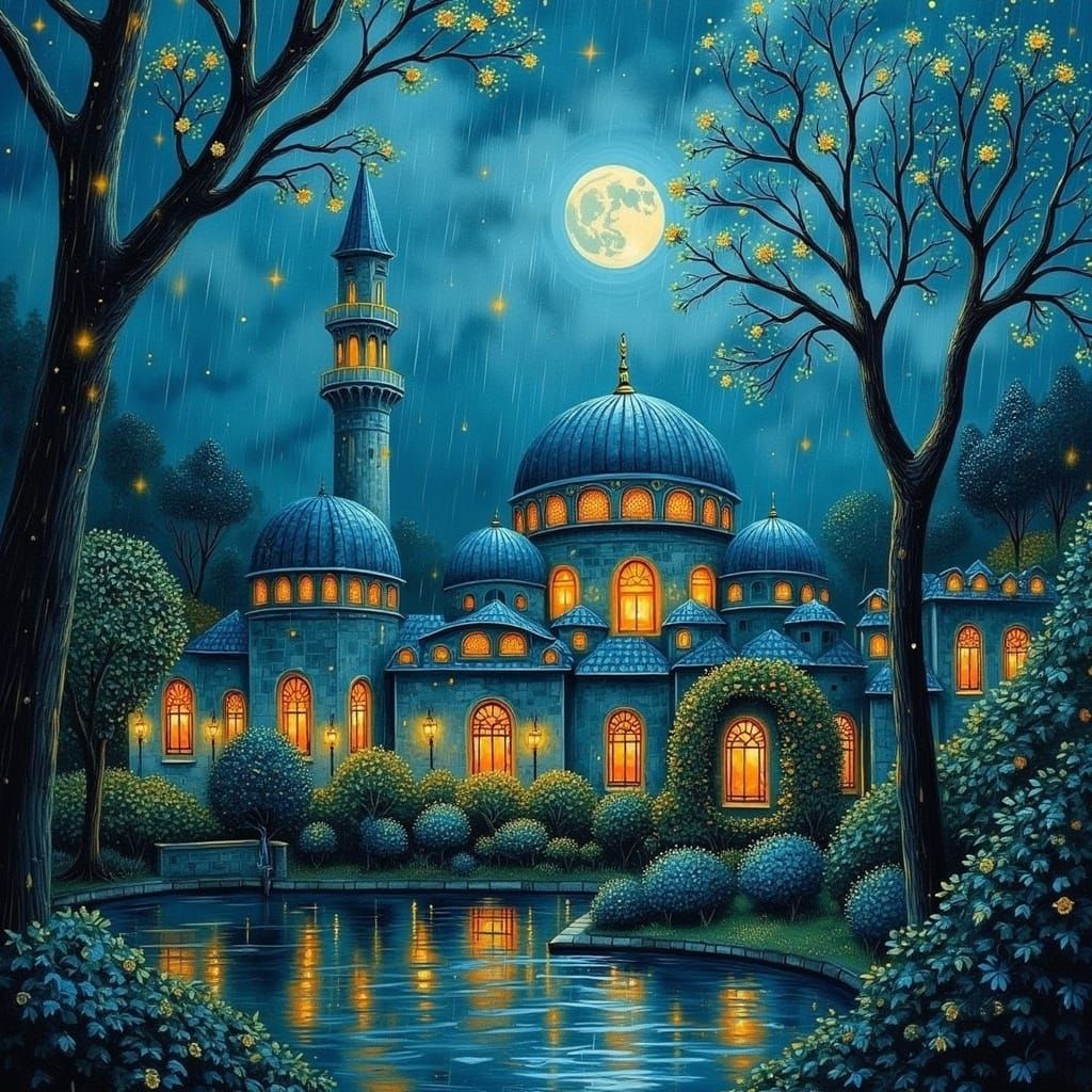 <lora:THICK PAINT FLUX:1.0> thick paint,oil painting, a blue mosque at night, full moon, reflections in a puddle, thick layers of paint, rai...