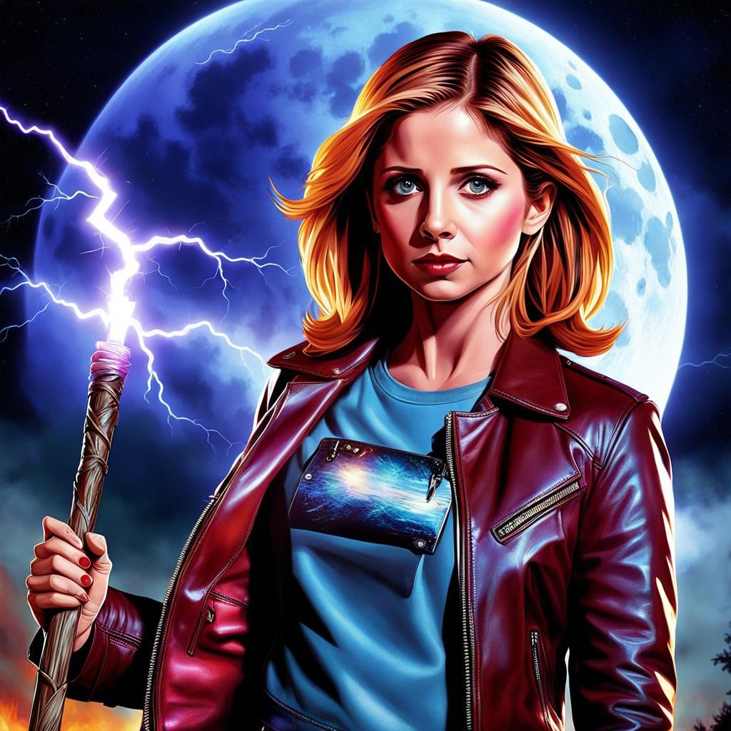Sarah Michelle Gellar buffy the vampire Slayer on a moon lit...
