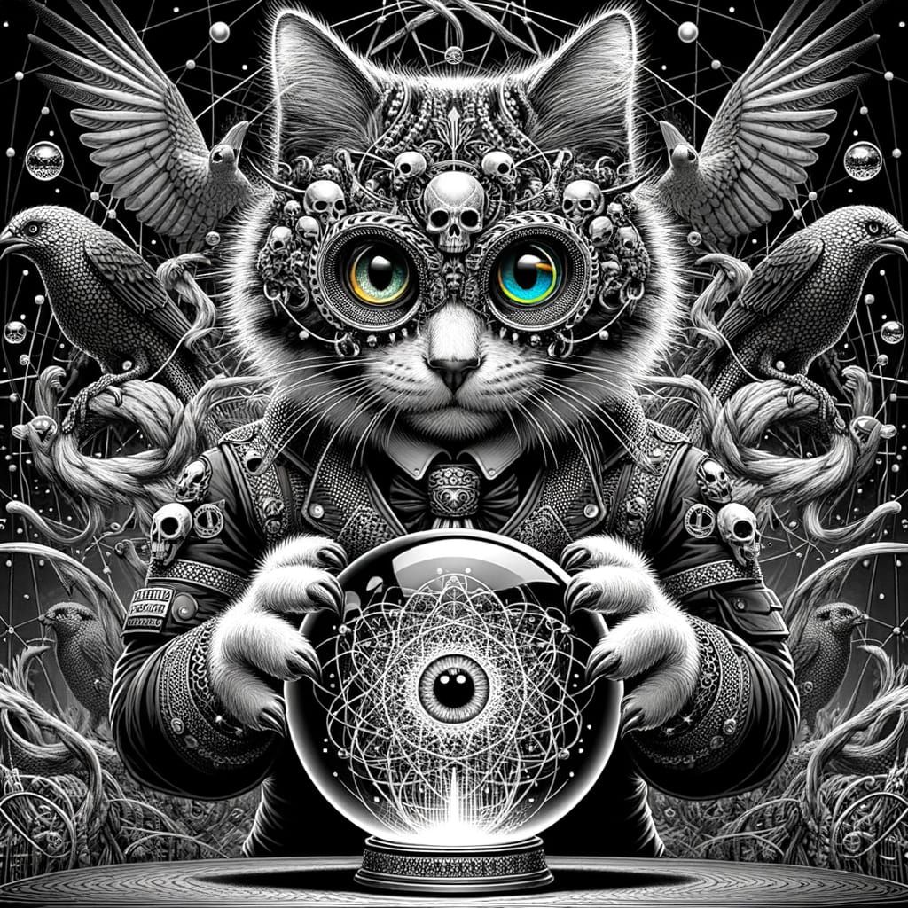 Create an intriguing and detailed monochrome image that depicts an anthropomorphic cat in a tactical ...  by @Hati