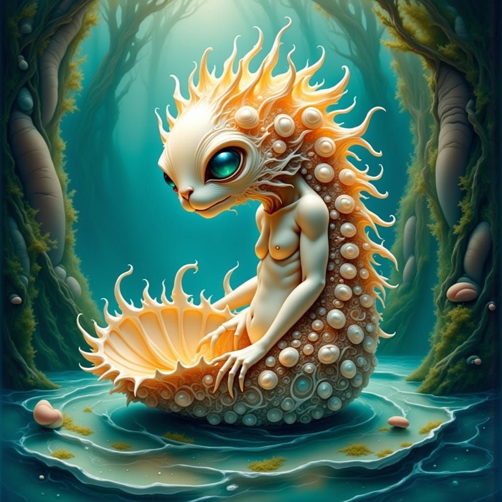 Surreal watercolor and oil painting. Close-up portrait. A humanoid creature made of delicate sea shells and oceanic forms, posing in a mysti...