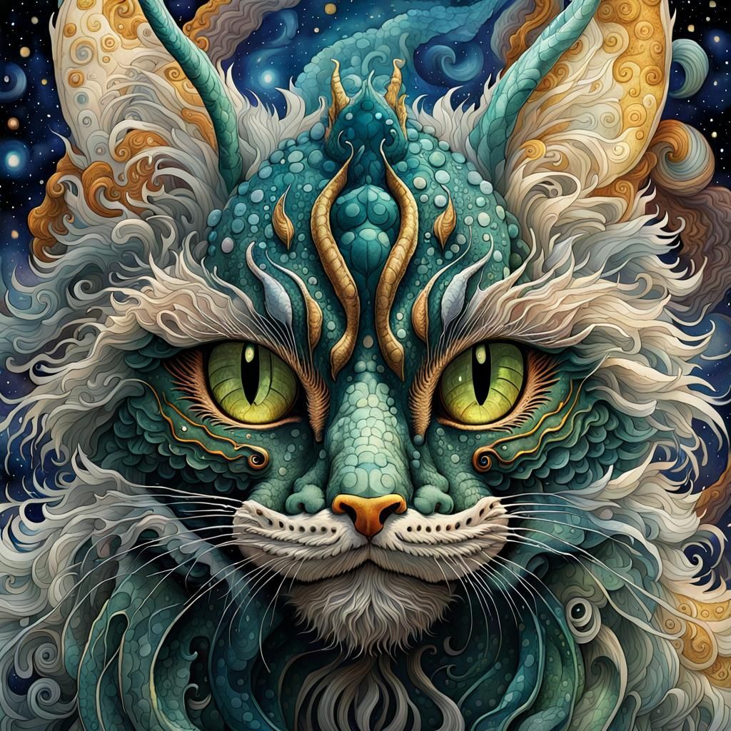 overdetailed watercolor painting of a magical fluffy teal dragon cat ...