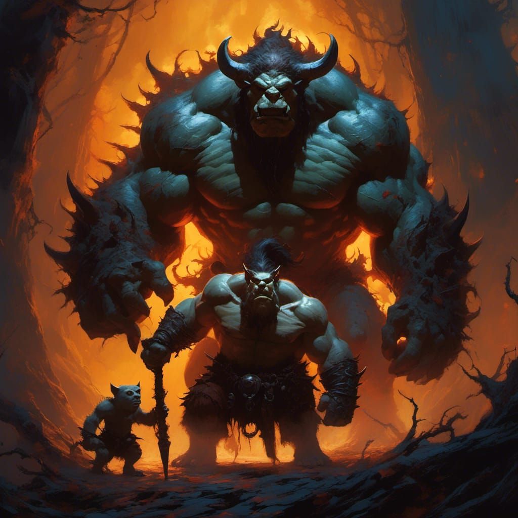 d&D character::Ogre::giant::bulky :: carrying a cub with spi...