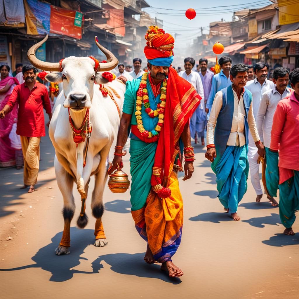 The Indian man walks calmly down the crowded street, wearing...