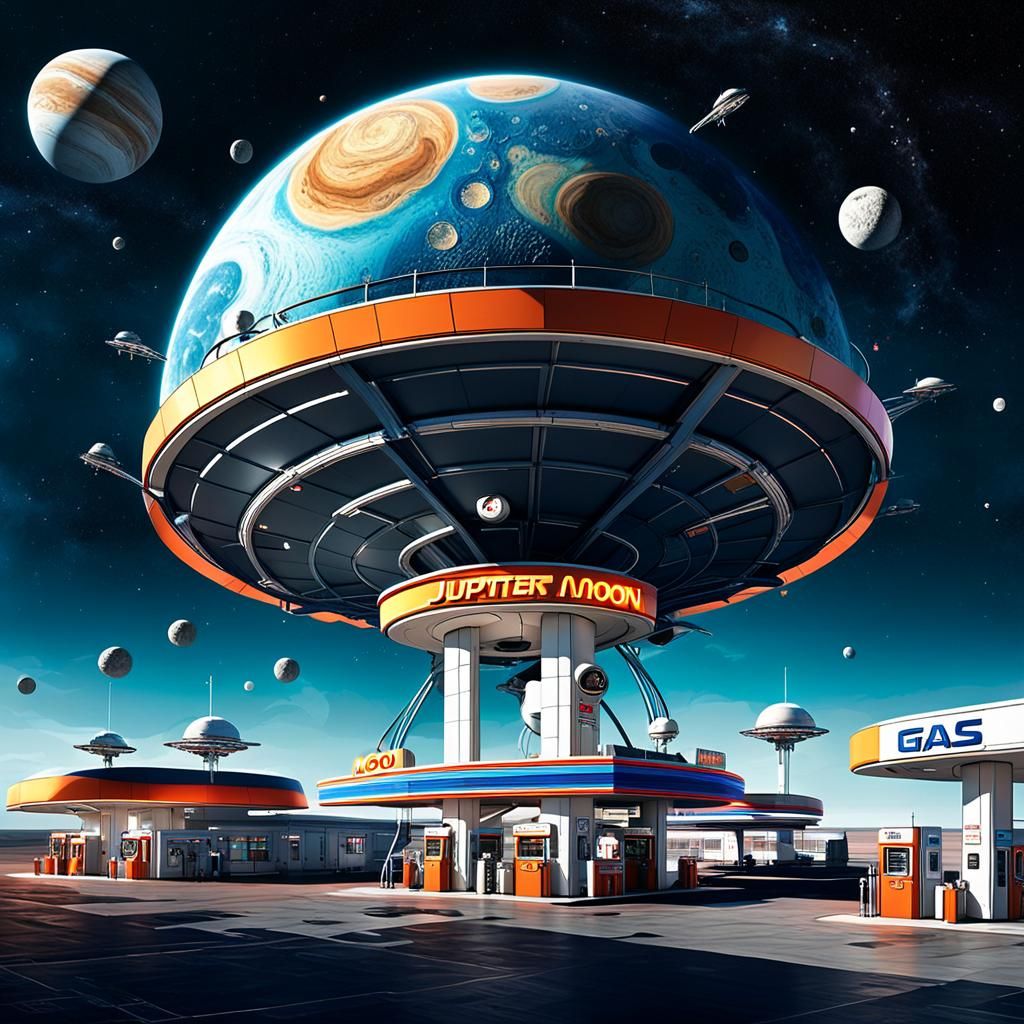 in the orbit of Jupiter's moon, a gas station hangs in the air. It is a large, round building with several ...  by @Likra