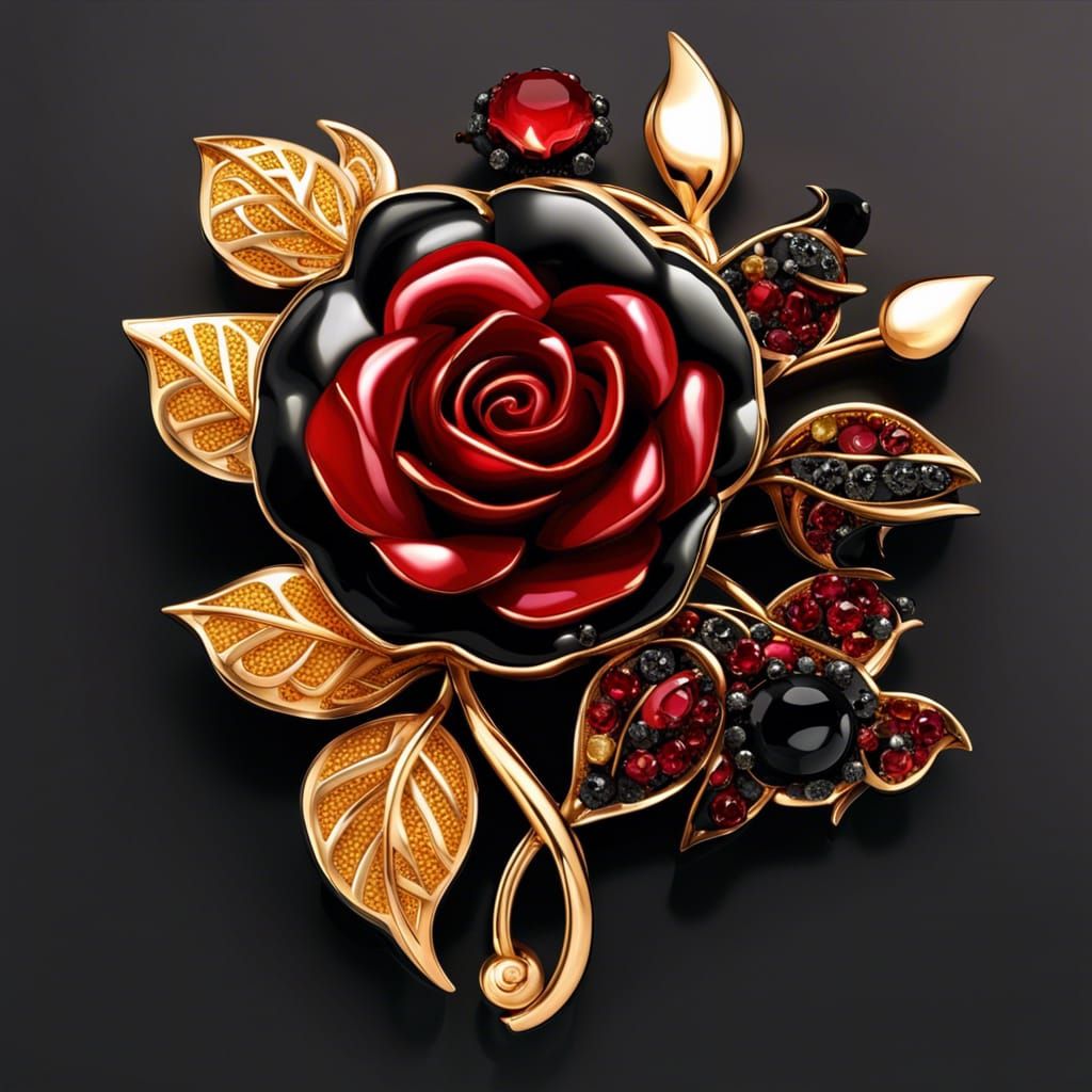 Rose Brooch in Red, Black & Gold
