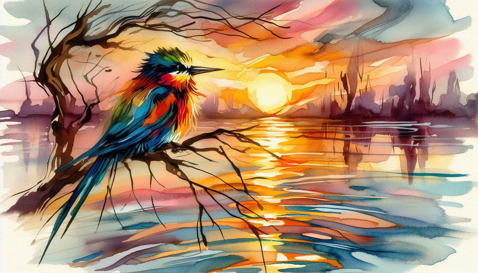 Serene landscape with  a beautiful bird perched on a branch ...