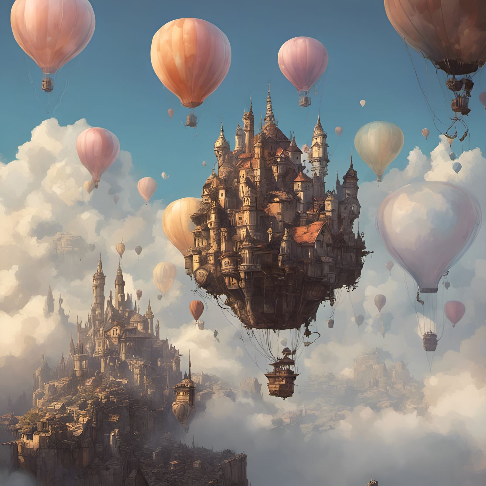 a balloon city is suspending in the clouds, in the style of raphael lacoste, rough clusters, ian mcque, ...  by @Mapleaf100color
